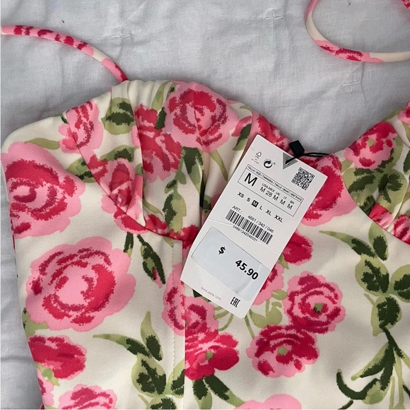 NEW Zara Corset Style Mini Dress Medium Pink White Floral Roses Rose Thin Straps - Picture 12 of 14